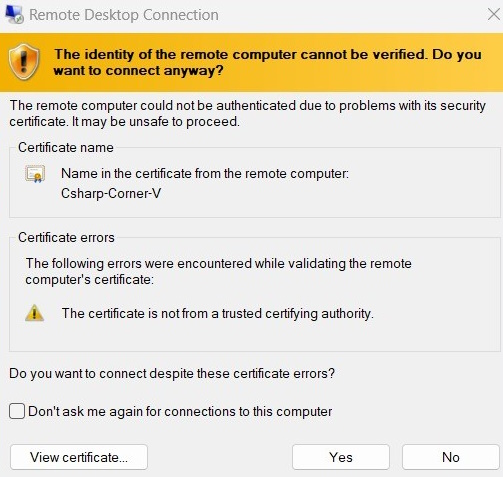 Remote Desktop Connection view certificate-